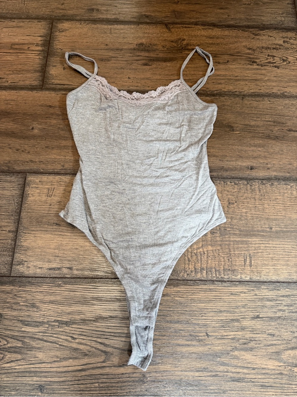 Light Gray Lace-Trim Thong Bodysuit - Soft Stretch
